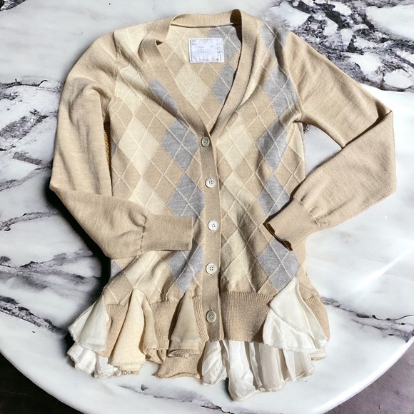 Sacai Sweaters - Authentic Sacai argyle ruffled cardigan cream grey